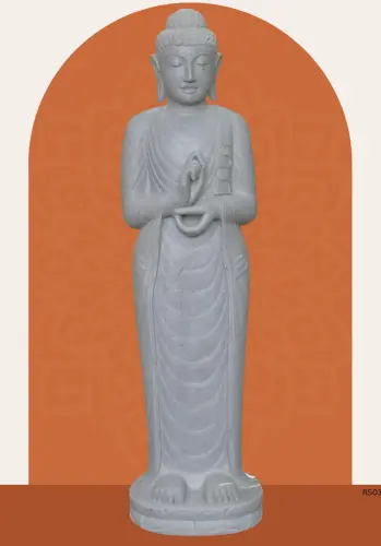 Product image of the product “Standing Buddha made of Riverstone in Dharmachakra position - gesture of wheel of the teaching of Dharma. About 153cm height. ”